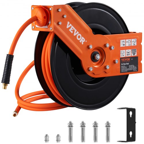 VEVOR Fuel Hose Reel, 1/4 x 50', Extra Long Retractable Grease Hose Reel,  Spring Driven Auto Swivel Rewind, Heavy-Duty Carbon Steel Construction with