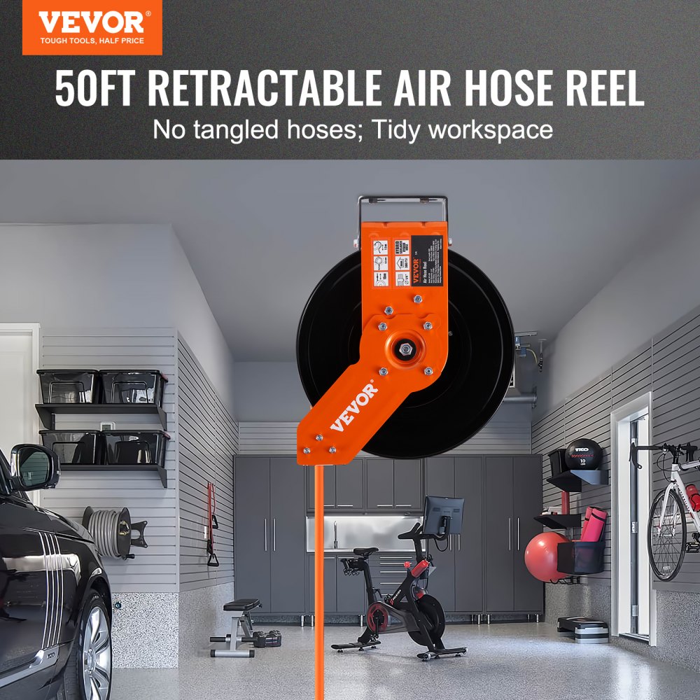 VEVOR Retractable Air Hose Reel 3/8 IN x 50 FT Hybrid Air Hose Max 300 PSI