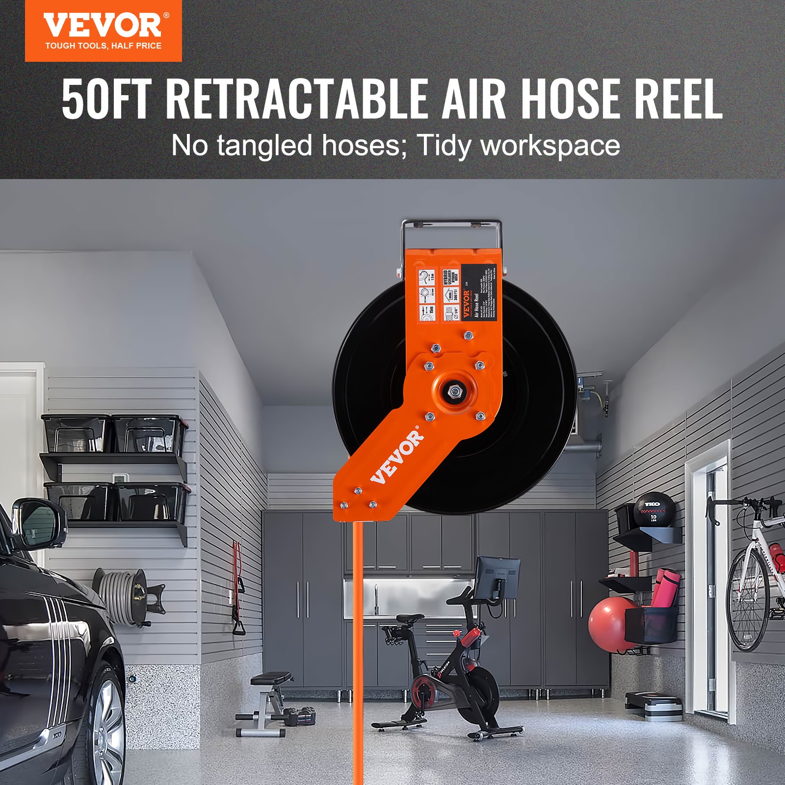 VEVOR Retractable Air Hose Reel, 3/8 IN x 50 FT Hybrid Air Hose Max 300PSI, Air Compressor Hose Reel with 5 In Lead in, Ceiling / Wall Mount Heavy Duty Double Arm Steel Reel