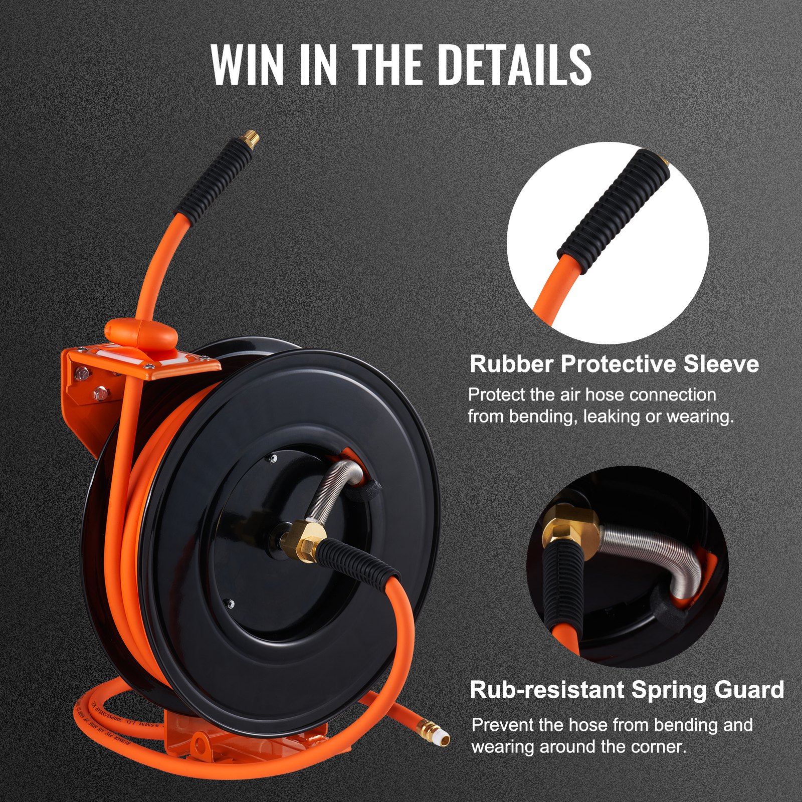 VEVOR Retractable Air Hose Reel, 3/8 IN x 50 FT Hybrid Air Hose Max 300PSI, Air Compressor Hose Reel with 5 In Lead in, Ceiling / Wall Mount Heavy Duty Double Arm Steel Reel