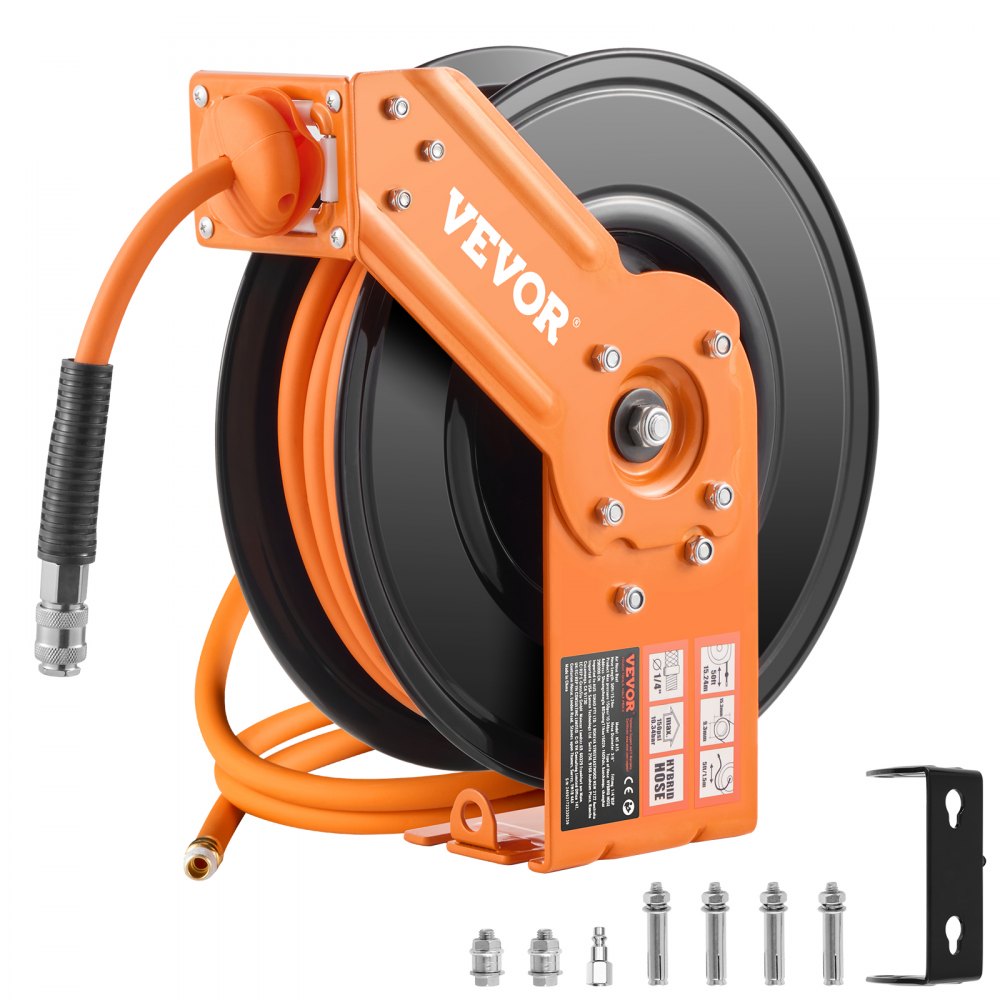 VEVOR Retractable Air Hose Reel, 3/8IN x 50FT Hybrid Air Hose Max 300PSI, Air Compressor Hose Reel Auto-Rewind with 5FT Lead in, Ceiling/Wall Mount Heavy Duty Single Arm Reel & 180° Swivel Bracket