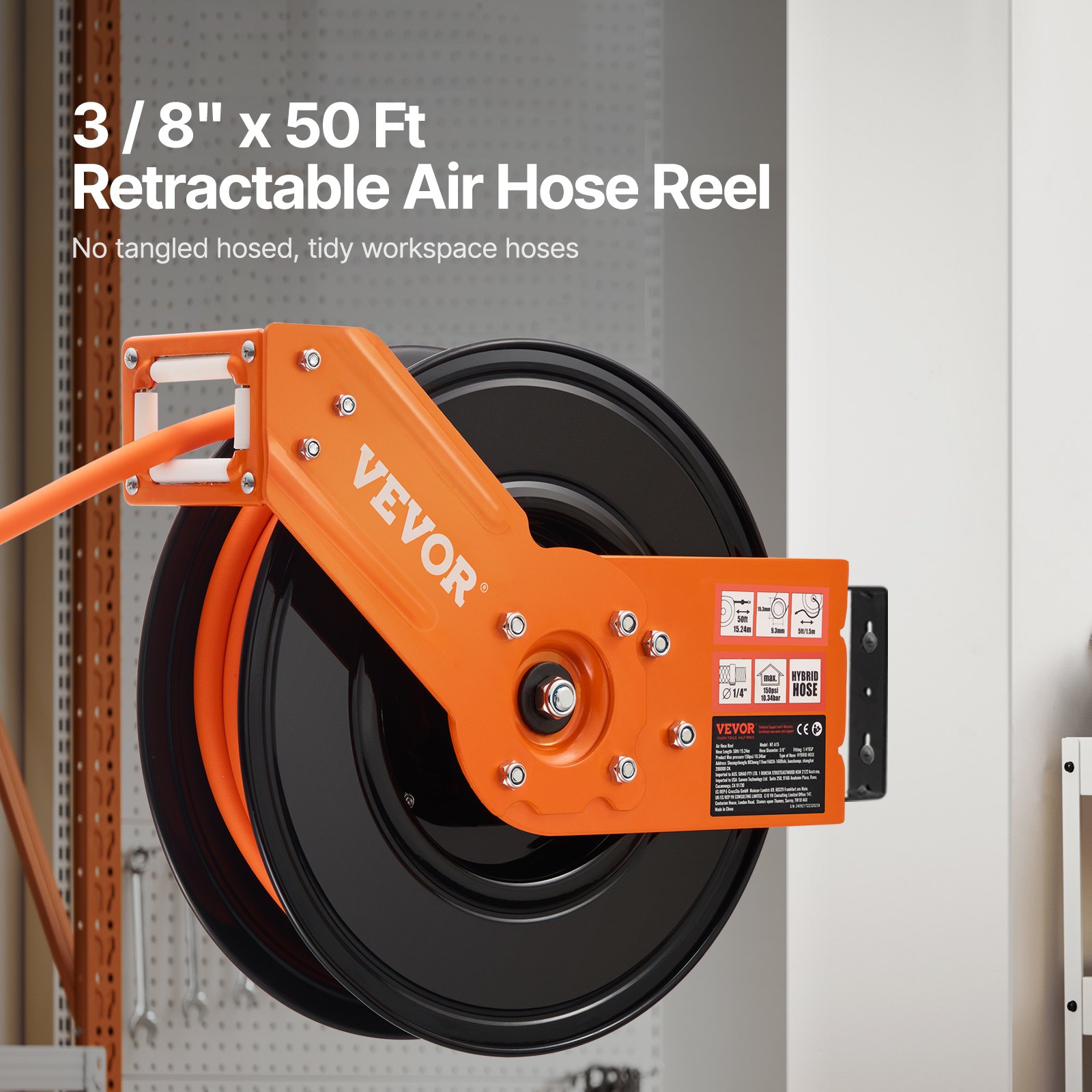 VEVOR Retractable Air Hose Reel, 3/8IN x 50FT Hybrid Air Hose Max 300PSI, Air Compressor Hose Reel Auto-Rewind with 5FT Lead in, Ceiling/Wall Mount Heavy Duty Single Arm Reel & 180° Swivel Bracket