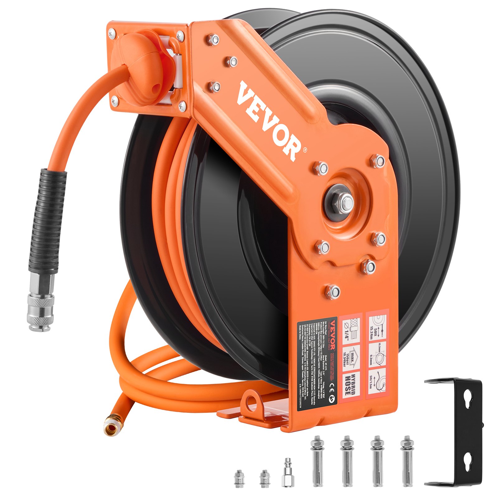 VEVOR Retractable Air Hose Reel, 3/8IN x 50FT Hybrid Air Hose Max 300PSI, Air Compressor Hose Reel Auto-Rewind with 5FT Lead in, Ceiling/Wall Mount Heavy Duty Single Arm Reel & 180° Swivel Bracket