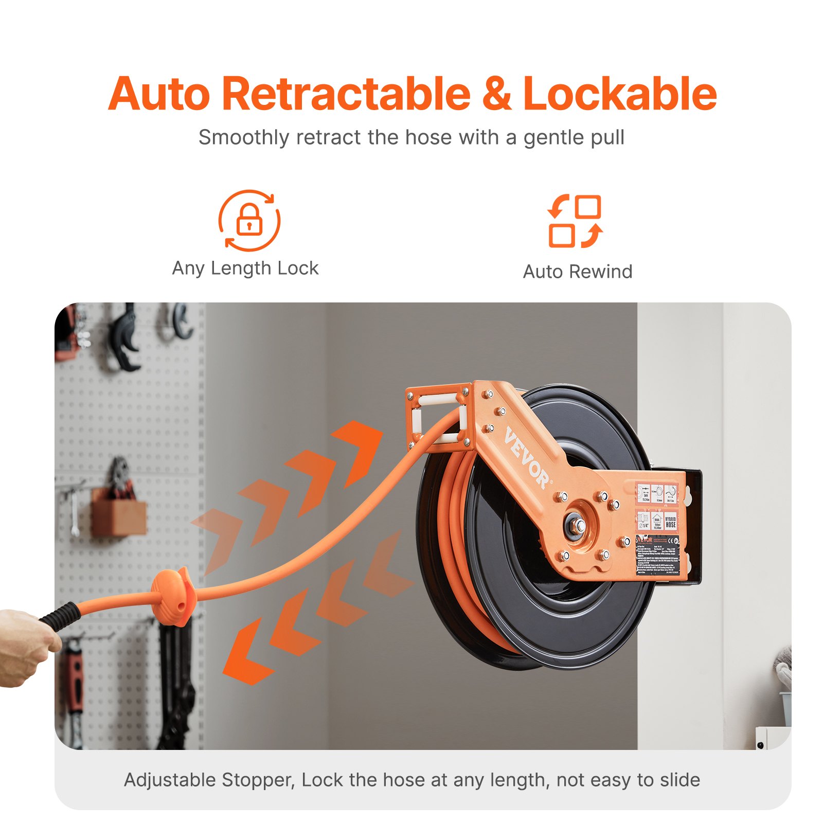 VEVOR Retractable Air Hose Reel, 3/8IN x 50FT Rubber Air Hose Max 300PSI, Air Compressor Hose Reel Auto-Rewind with 5FT Lead in, Ceiling/Wall Mount Heavy Duty Single Arm Reel & 180° Swivel Bracket