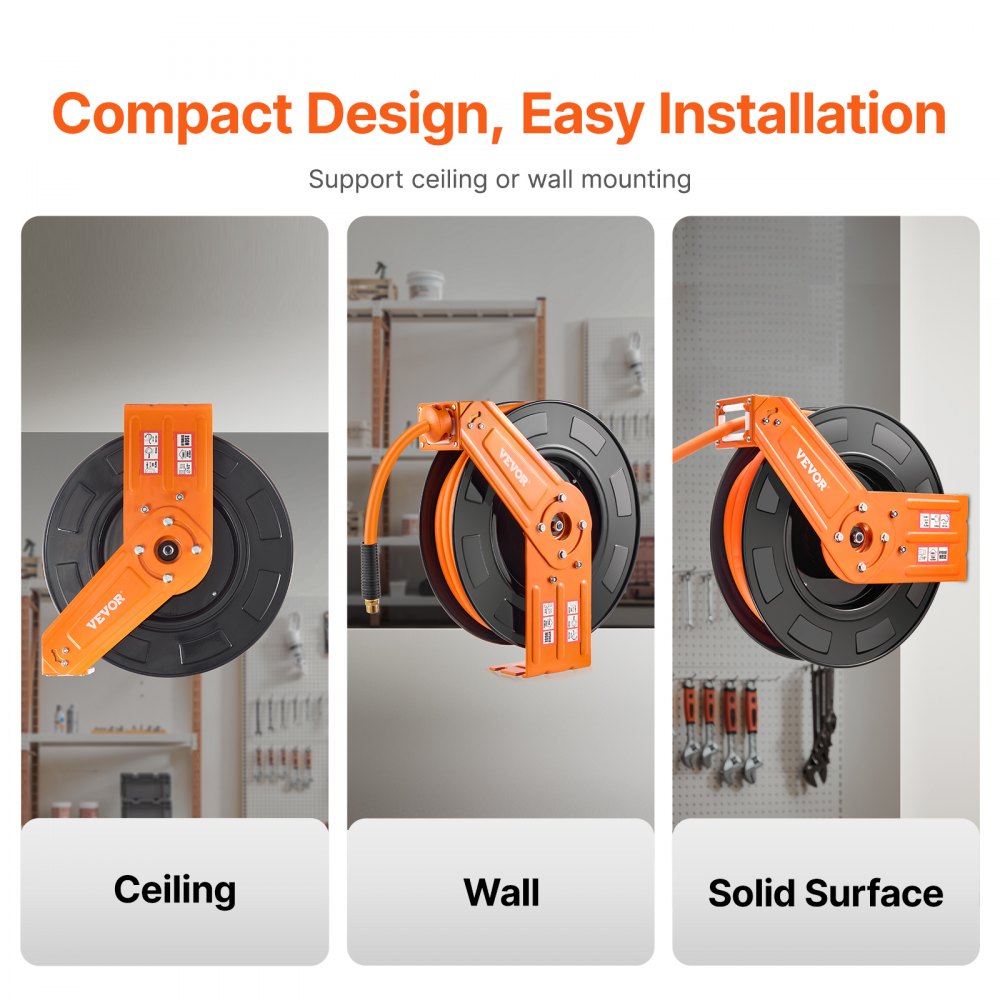 VEVOR Retractable Air Hose Reel, 1/2 IN x 50 FT Hybrid Air Hose Max 300PSI, Air Compressor Hose Reel Auto-Rewind with 5FT Lead in, Ceiling/Wall Mount Heavy Duty Single Arm Steel Reel, 1/2" NPT Fitting