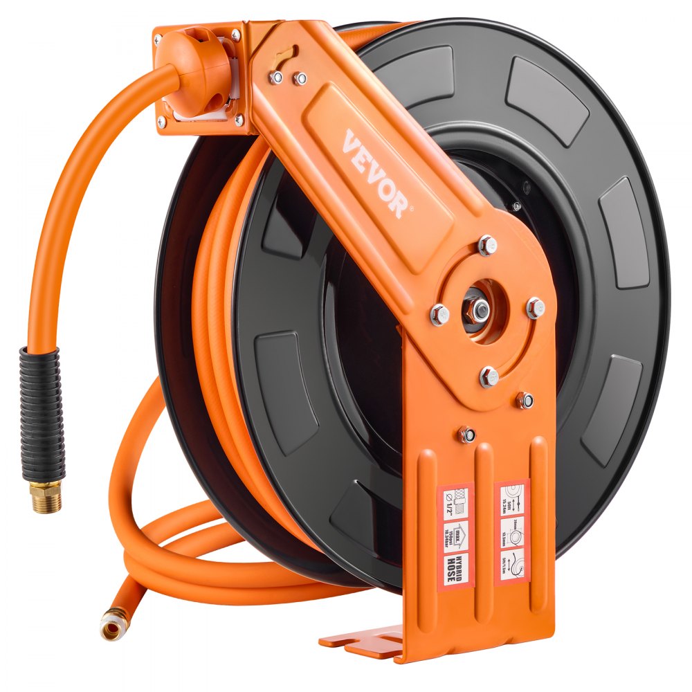 VEVOR Retractable Air Hose Reel, 1/2 IN x 50 FT Hybrid Air Hose Max 300PSI, Air Compressor Hose Reel Auto-Rewind with 5FT Lead in, Ceiling/Wall Mount Heavy Duty Single Arm Steel Reel, 1/2" NPT Fitting