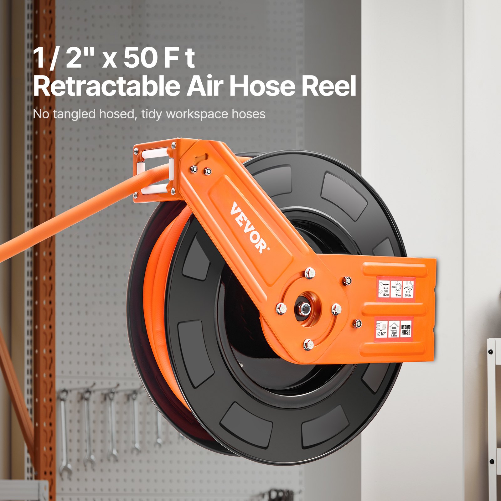 VEVOR Retractable Air Hose Reel, 1/2 IN x 50 FT Hybrid Air Hose Max 300PSI, Air Compressor Hose Reel Auto-Rewind with 5FT Lead in, Ceiling/Wall Mount Heavy Duty Single Arm Steel Reel, 1/2" NPT Fitting