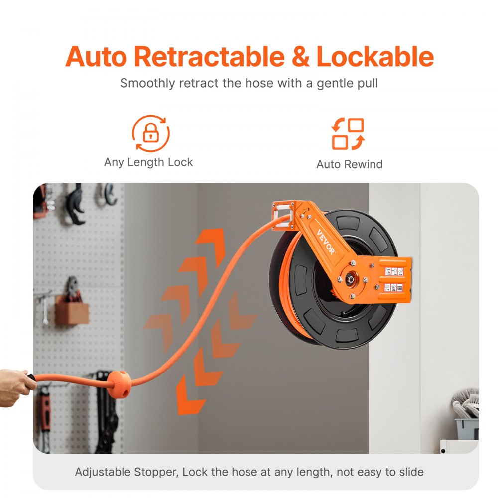 VEVOR Retractable Air Hose Reel, 3/8 IN x 65 FT Hybrid Air Hose Max 300PSI, Air Compressor Hose Reel Auto-Rewind with 5FT Lead in, Ceiling/Wall Mount Heavy Duty Single Arm Reel for Workshop Garage