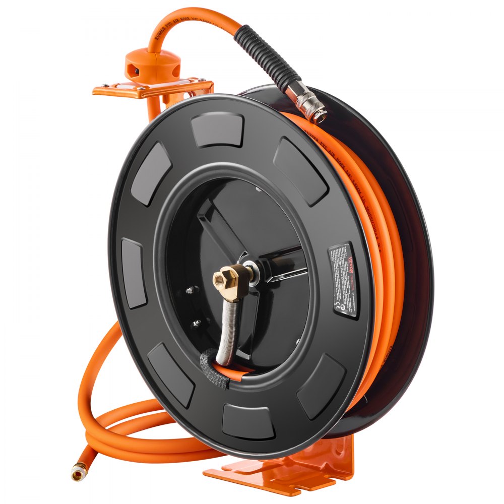 VEVOR Retractable Air Hose Reel, 3/8 IN x 65 FT Hybrid Air Hose Max 300PSI, Air Compressor Hose Reel Auto-Rewind with 5FT Lead in, Ceiling/Wall Mount Heavy Duty Single Arm Reel for Workshop Garage