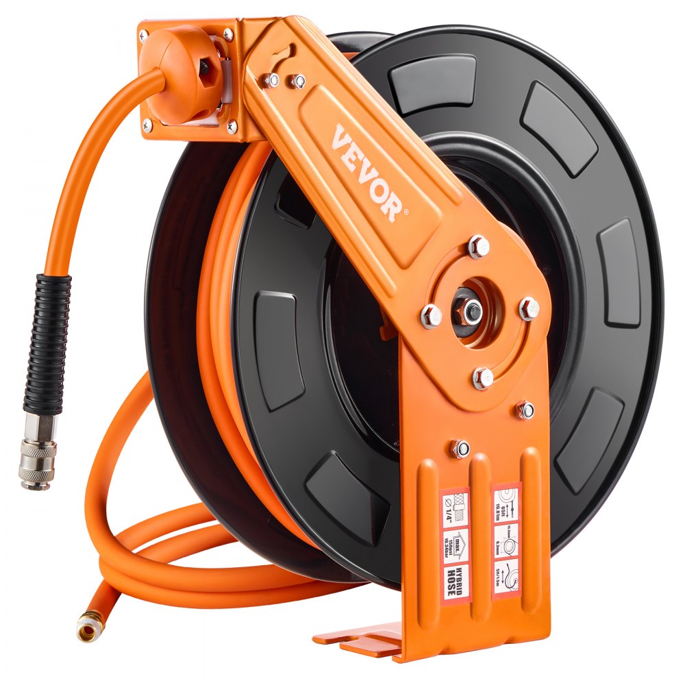 VEVOR Retractable Air Hose Reel, 3/8 IN x 65 FT Hybrid Air Hose Max 300PSI, Air Compressor Hose Reel Auto-Rewind with 5FT Lead in, Ceiling/Wall Mount Heavy Duty Single Arm Reel for Workshop Garage