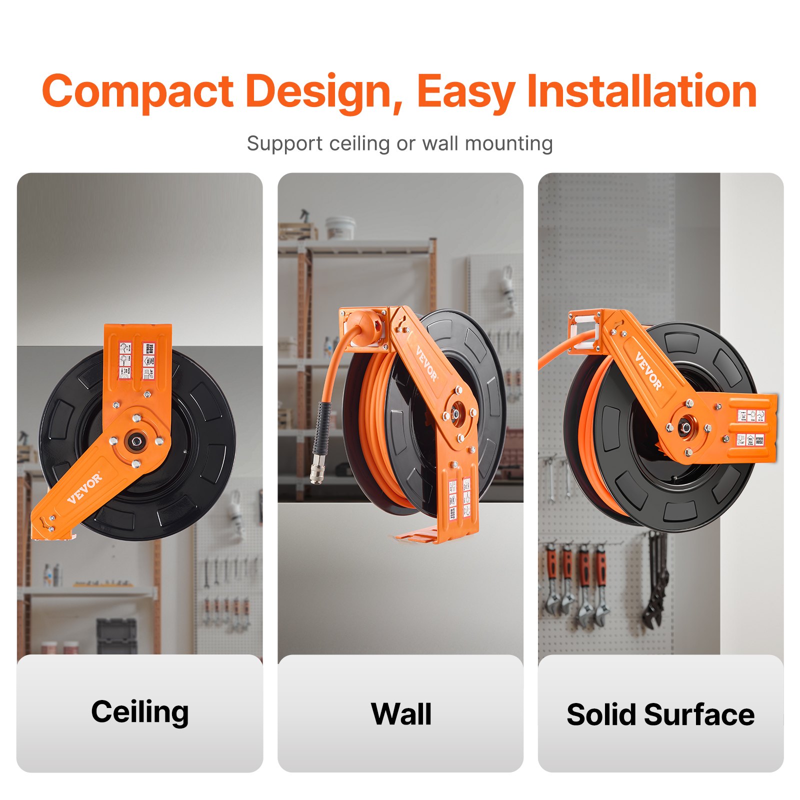 VEVOR Retractable Air Hose Reel, 3/8 IN x 65 FT Hybrid Air Hose Max 300PSI, Air Compressor Hose Reel Auto-Rewind with 5FT Lead in, Ceiling/Wall Mount Heavy Duty Single Arm Reel for Workshop Garage