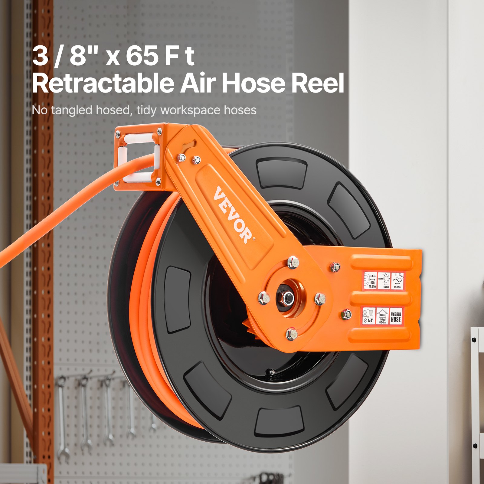 VEVOR Retractable Air Hose Reel, 3/8 IN x 65 FT Hybrid Air Hose Max 300PSI, Air Compressor Hose Reel Auto-Rewind with 5FT Lead in, Ceiling/Wall Mount Heavy Duty Single Arm Reel for Workshop Garage