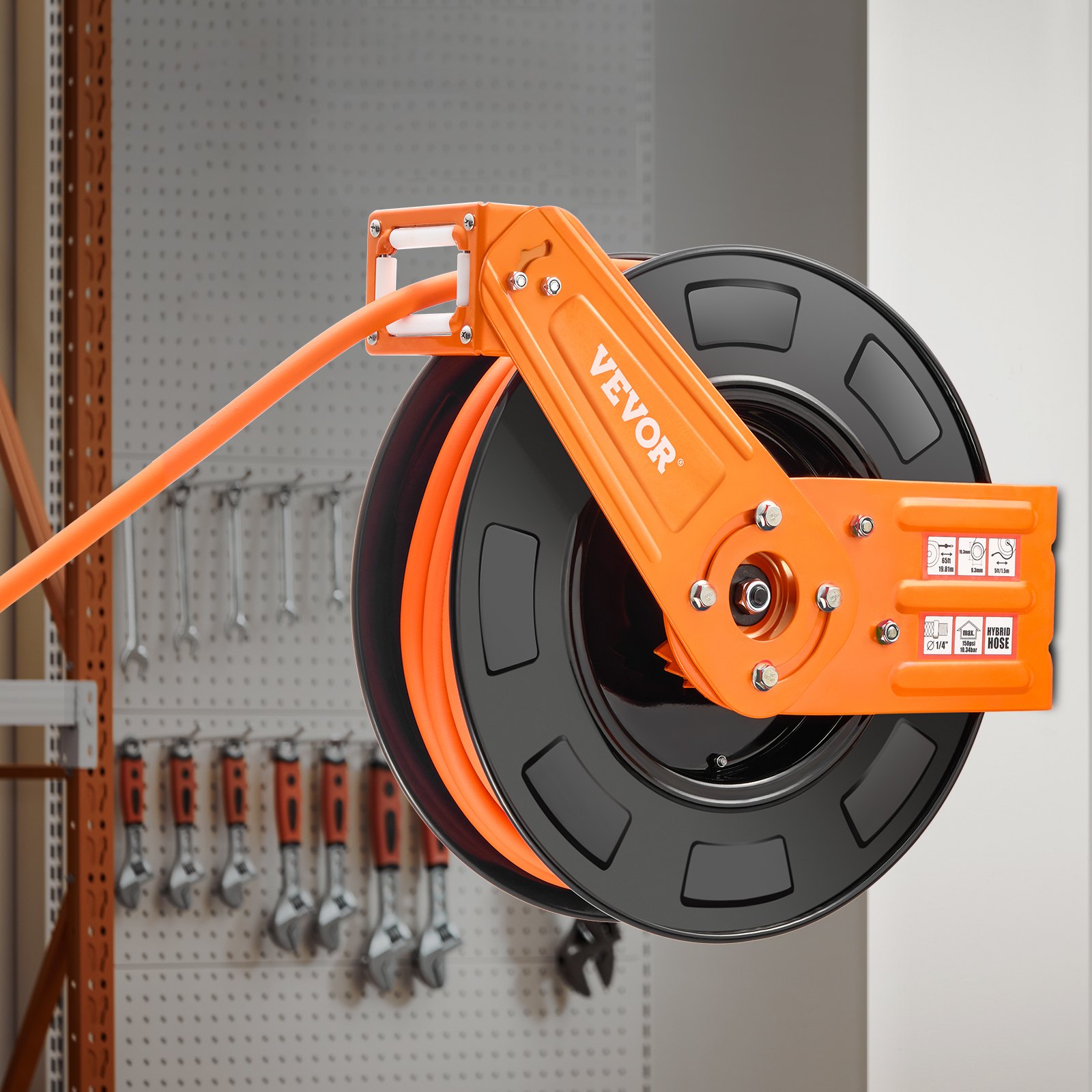 VEVOR Retractable Air Hose Reel, 3/8 IN x 65 FT Hybrid Air Hose Max 300PSI, Air Compressor Hose Reel Auto-Rewind with 5FT Lead in, Ceiling/Wall Mount Heavy Duty Single Arm Reel for Workshop Garage