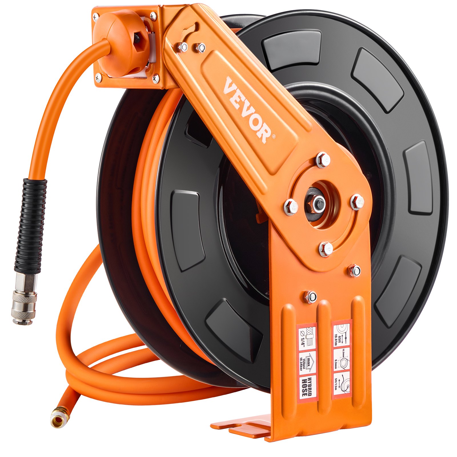 VEVOR Retractable Air Hose Reel, 3/8 IN x 65 FT Hybrid Air Hose Max 300PSI, Air Compressor Hose Reel Auto-Rewind with 5FT Lead in, Ceiling/Wall Mount Heavy Duty Single Arm Reel for Workshop Garage