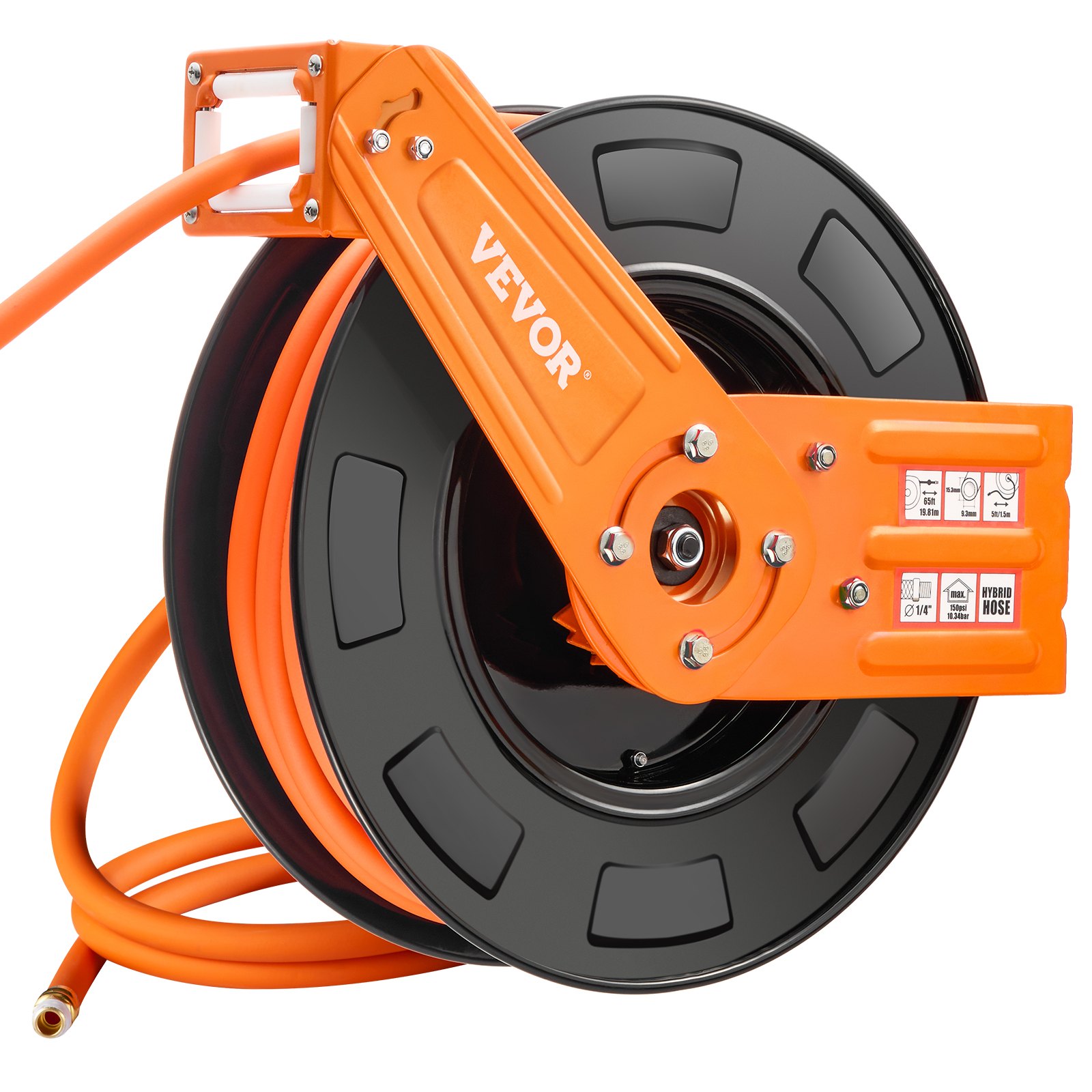 VEVOR Retractable Air Hose Reel, 3/8 IN x 65 FT Hybrid Air Hose Max 300PSI, Air Compressor Hose Reel Auto-Rewind with 5FT Lead in, Ceiling/Wall Mount Heavy Duty Single Arm Reel for Workshop Garage