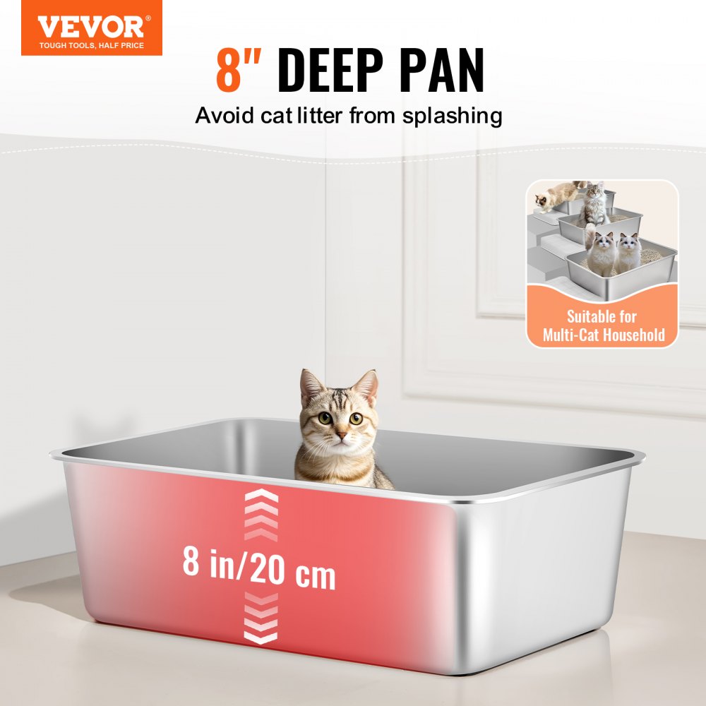 VEVOR Cat Litter Box, 8 inches Deep, XL Extra Large Stainless Steel Cat Litter Box with Scoop, Wide Filtering Foot Board & High Sides, Enclosed Odor-Free Easy-to-Clean Litter Box, Fit for Big Cats