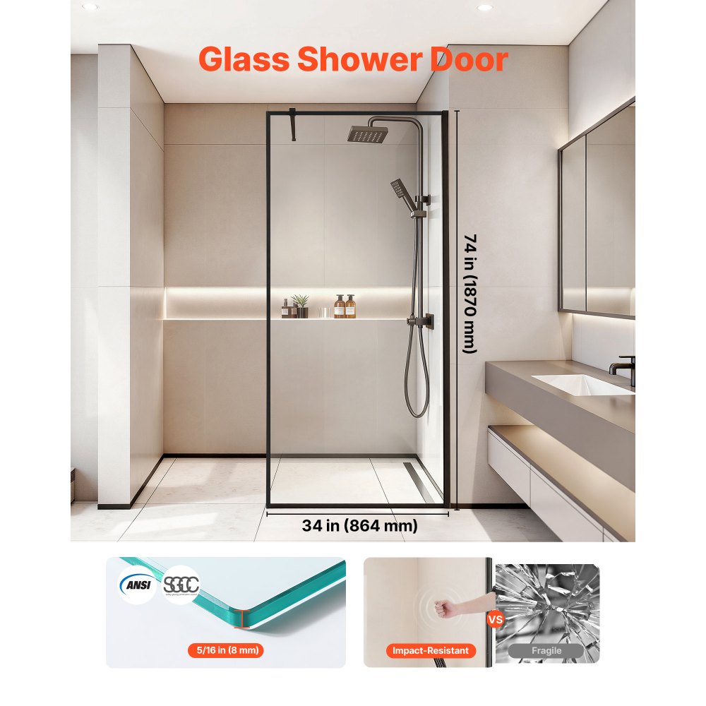 VEVOR Fixed Glass Shower Panel, 34 x 73.6 in Full-Framed Fixed Shower Screen, 5/16 in Thick Clear Tempered Glass Door with Bottom Seal Strip and Hardware, Easy to Clean, for Bathroom, Matte Black