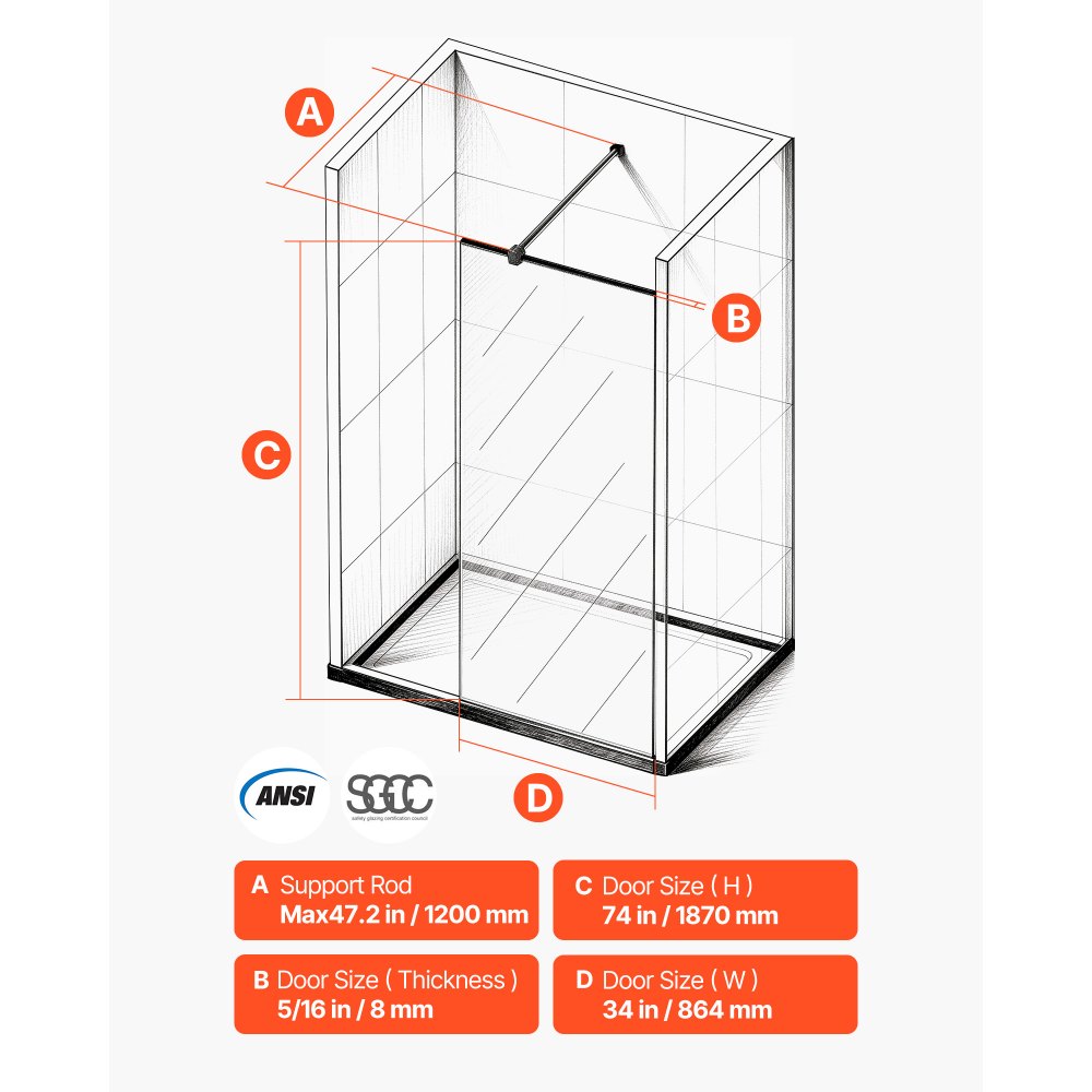 VEVOR Fixed Glass Shower Panel, 34 x 73.6 in Full-Framed Fixed Shower Screen, 5/16 in Thick Clear Tempered Glass Door with Bottom Seal Strip and Hardware, Easy to Clean, for Bathroom, Matte Black
