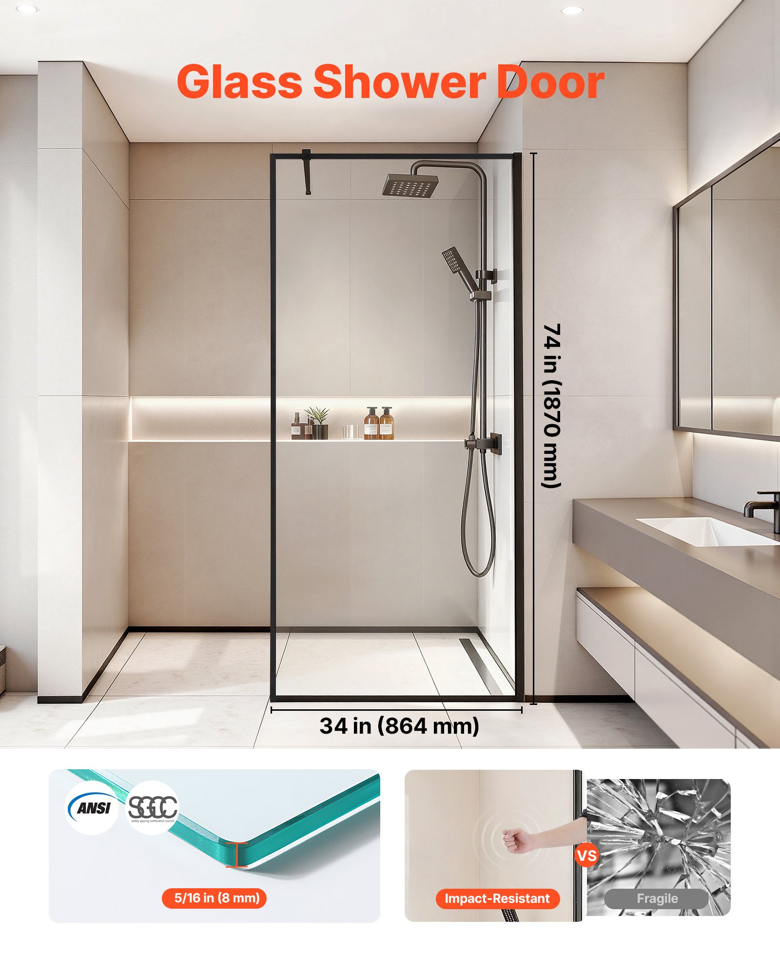 VEVOR Fixed Glass Shower Panel, 34 x 73.6 in Full-Framed Fixed Shower Screen, 5/16 in Thick Clear Tempered Glass Door with Bottom Seal Strip and Hardware, Easy to Clean, for Bathroom, Matte Black