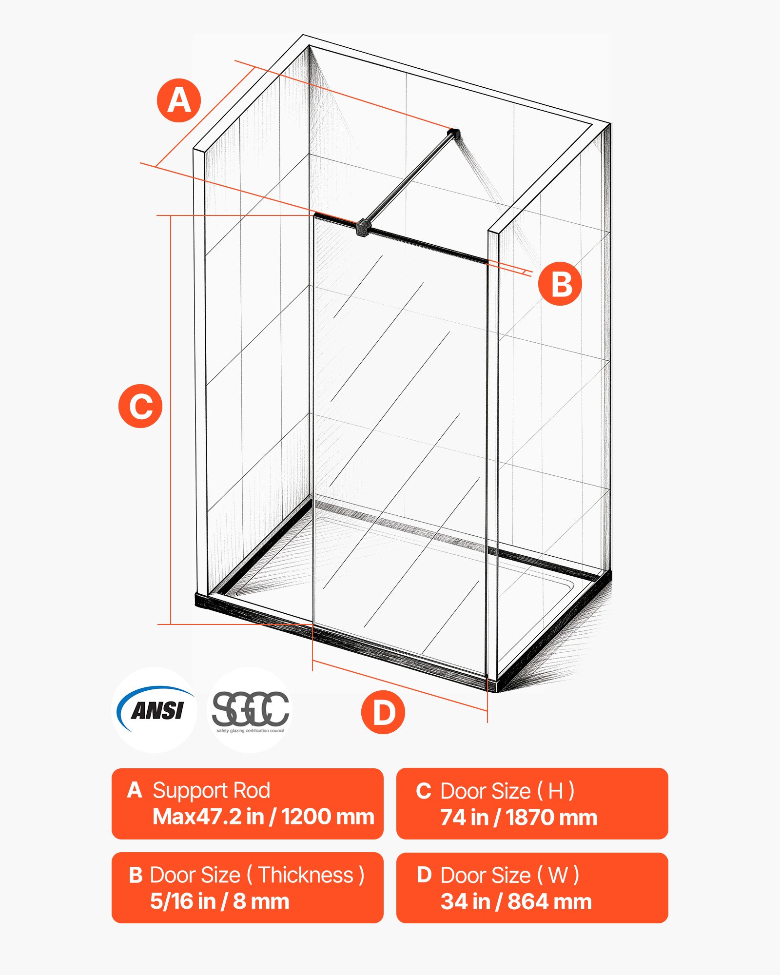 VEVOR Fixed Glass Shower Panel, 34 x 73.6 in Full-Framed Fixed Shower Screen, 5/16 in Thick Clear Tempered Glass Door with Bottom Seal Strip and Hardware, Easy to Clean, for Bathroom, Matte Black
