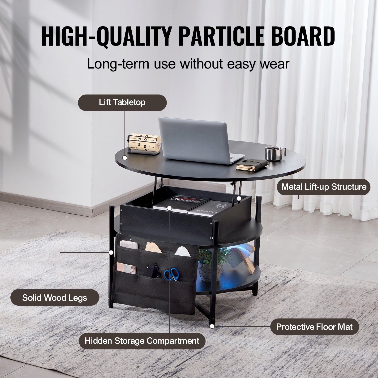 VEVOR Lift Top Coffee Table, 35.3 in Round Coffee Table with Extra Storage Pockets, Pop Up Coffee Table for Living Room, Black