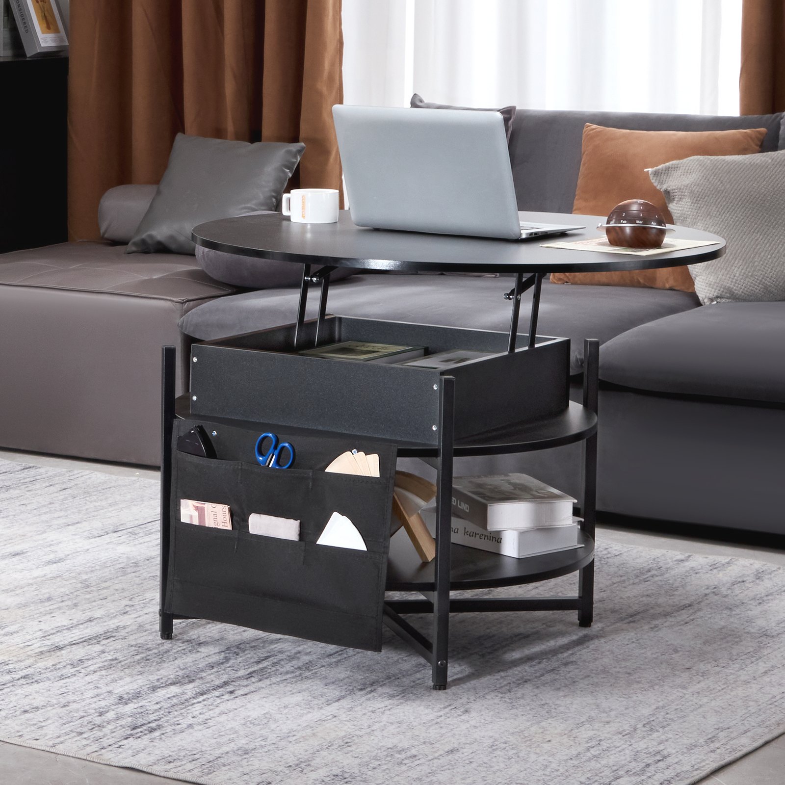 VEVOR Lift Top Coffee Table, 35.3 in Round Coffee Table with Extra Storage Pockets, Pop Up Coffee Table for Living Room, Black
