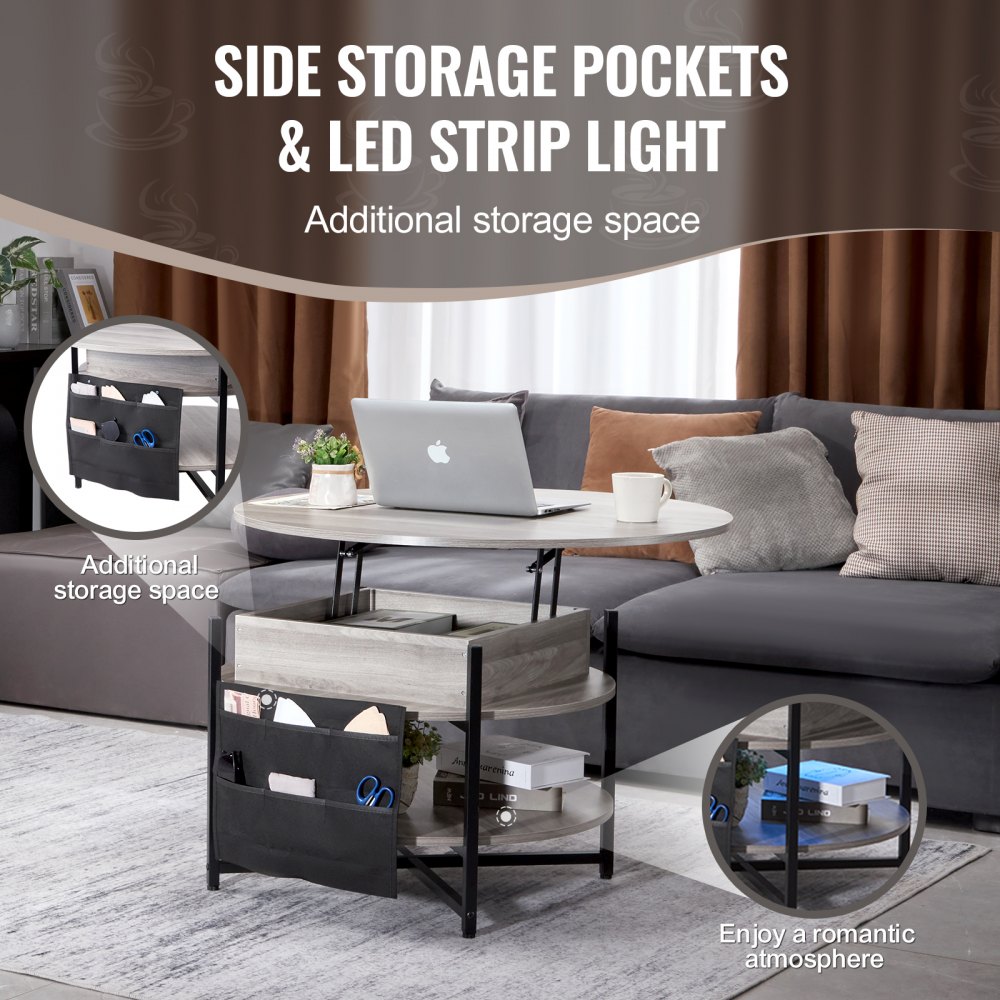 VEVOR Lift Top Coffee Table, 35.3 in Round Coffee Table with Extra Storage Pockets, Pop Up Coffee Table for Living Room, White