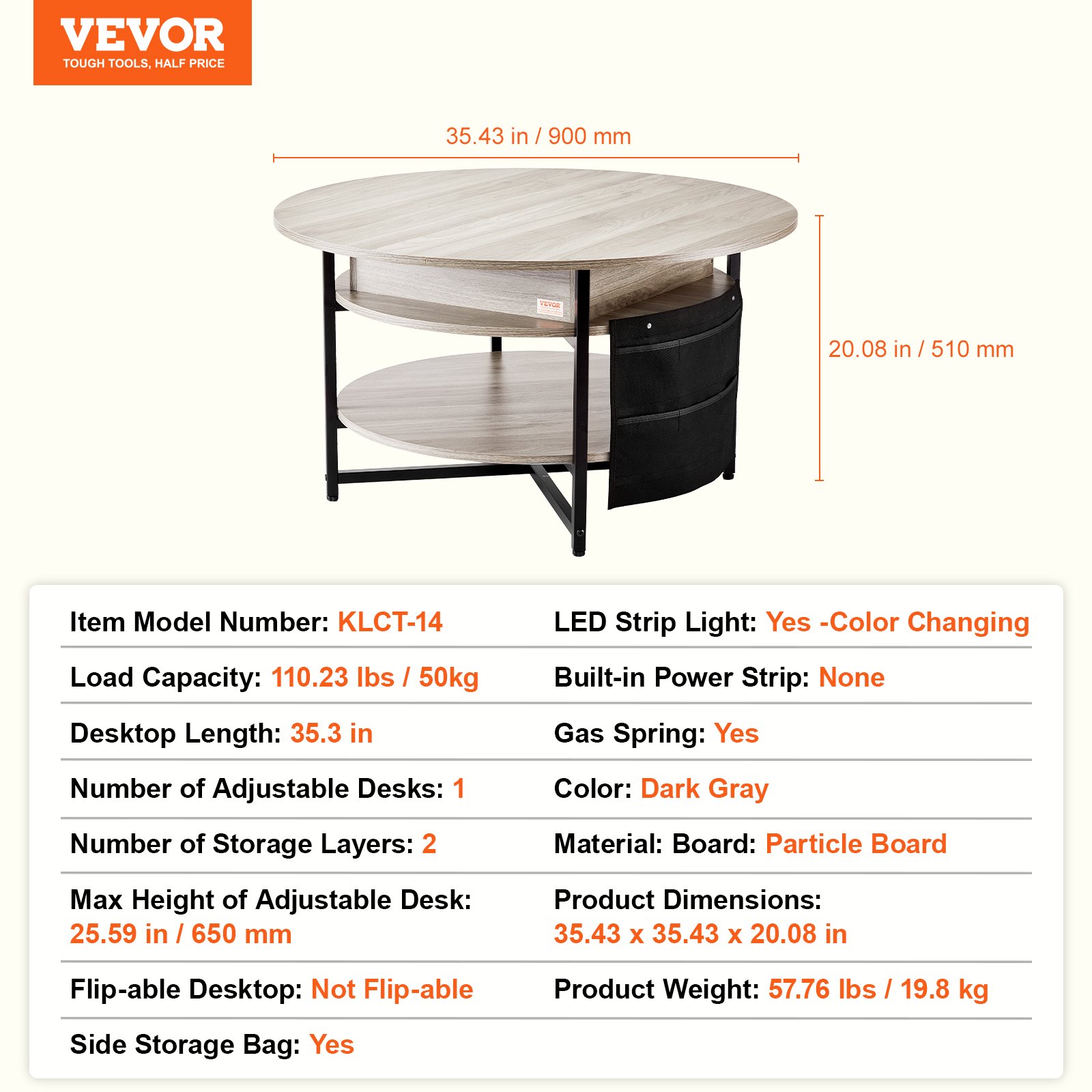 VEVOR Lift Top Coffee Table, 35.3 in Round Coffee Table with Extra Storage Pockets, Pop Up Coffee Table for Living Room, White