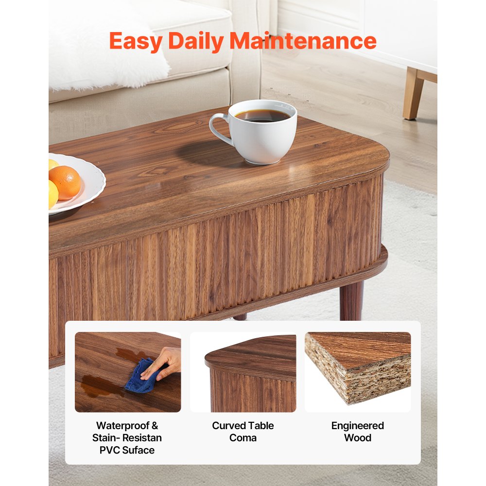 VEVOR 1000 mm Lift Top Coffee Table, Fluted Oval Coffee Table with 3 Hidden Compartment, Mid Century Wooden Oval Center Desk with Storage, Lift Up Tabletop for Home & Office, Easy Assembly, Walnut