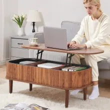 VEVOR 1000 mm Lift Top Coffee Table Fluted Oval Table Hidden Compartment Walnut