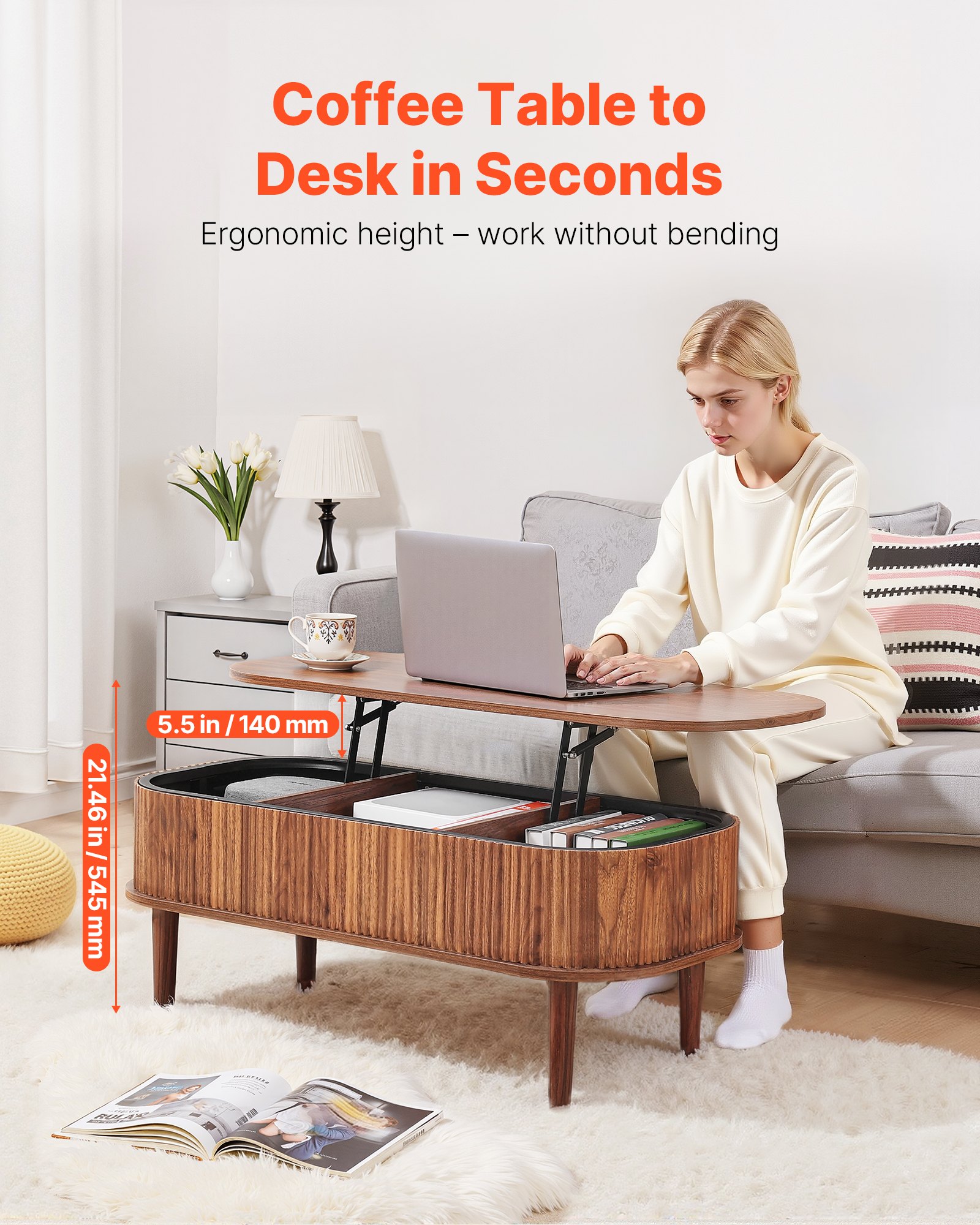 VEVOR 1000 mm Lift Top Coffee Table, Fluted Oval Coffee Table with 3 Hidden Compartment, Mid Century Wooden Oval Center Desk with Storage, Lift Up Tabletop for Home & Office, Easy Assembly, Walnut