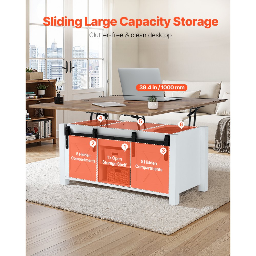 VEVOR 1000 mm Farmhouse Lift Top Coffee Table, Rustic Center Table with Barn Door and Hidden Storage Compartment, Modern Rectangle Lifting Tabletop for Living Room, Office, Home, Easy Assembly, Brown