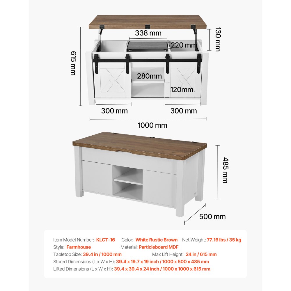 VEVOR 1000 mm Farmhouse Lift Top Coffee Table, Rustic Center Table with Barn Door and Hidden Storage Compartment, Modern Rectangle Lifting Tabletop for Living Room, Office, Home, Easy Assembly, Brown