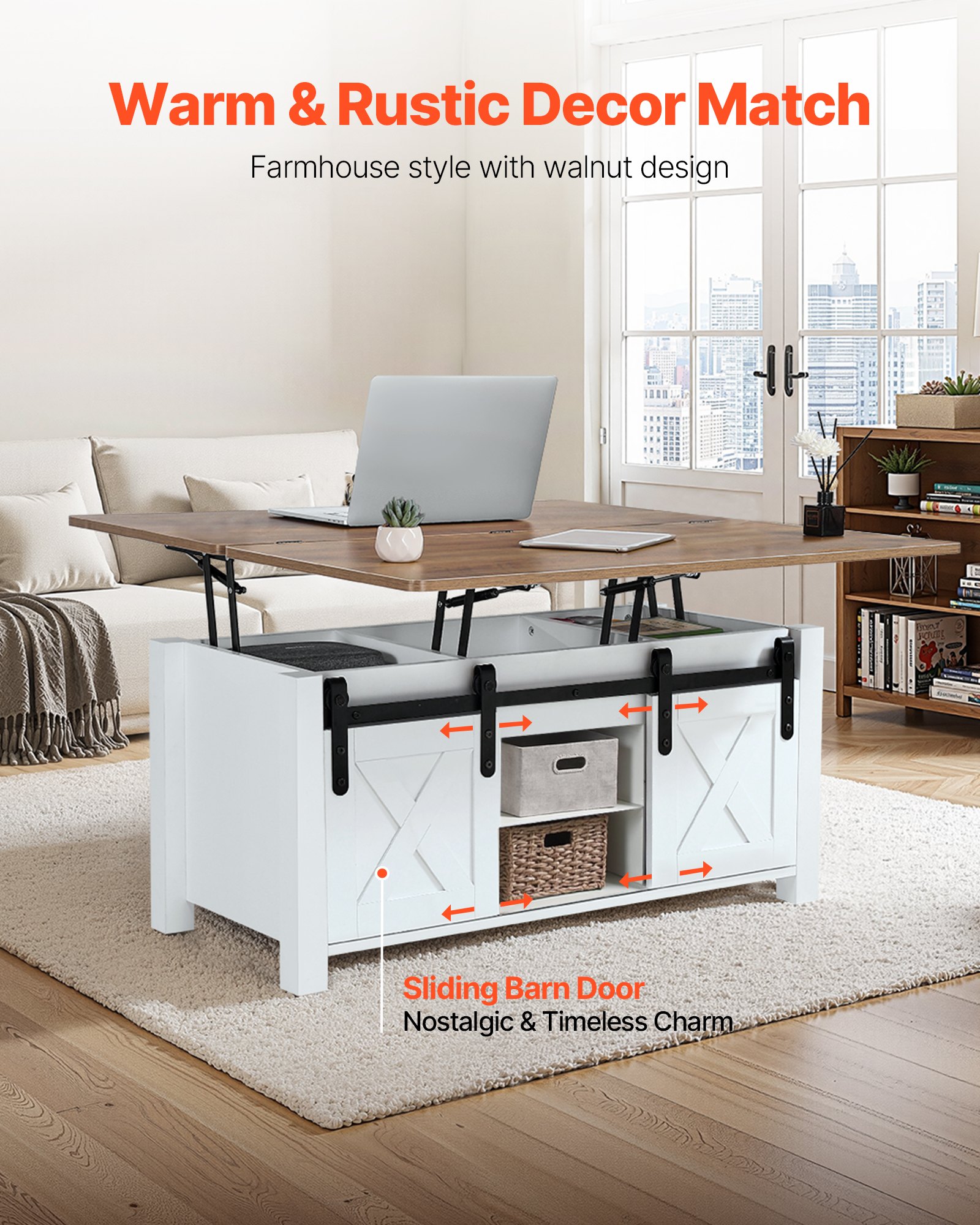 VEVOR 1000 mm Farmhouse Lift Top Coffee Table, Rustic Center Table with Barn Door and Hidden Storage Compartment, Modern Rectangle Lifting Tabletop for Living Room, Office, Home, Easy Assembly, Brown