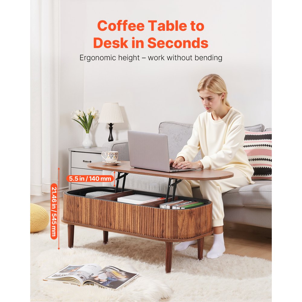 VEVOR 1000 mm Lift Top Coffee Table, Fluted Oval Coffee Table with 3 Hidden Compartment, Mid Century Wooden Oval Center Desk with Storage, Lift Up Tabletop for Home & Office, Easy Assembly, Walnut