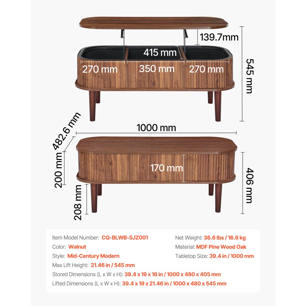 VEVOR 1000 mm Lift Top Coffee Table, Fluted Oval Coffee Table with 3 Hidden Compartment, Mid Century Wooden Oval Center Desk with Storage, Lift Up Tabletop for Home & Office, Easy Assembly, Walnut