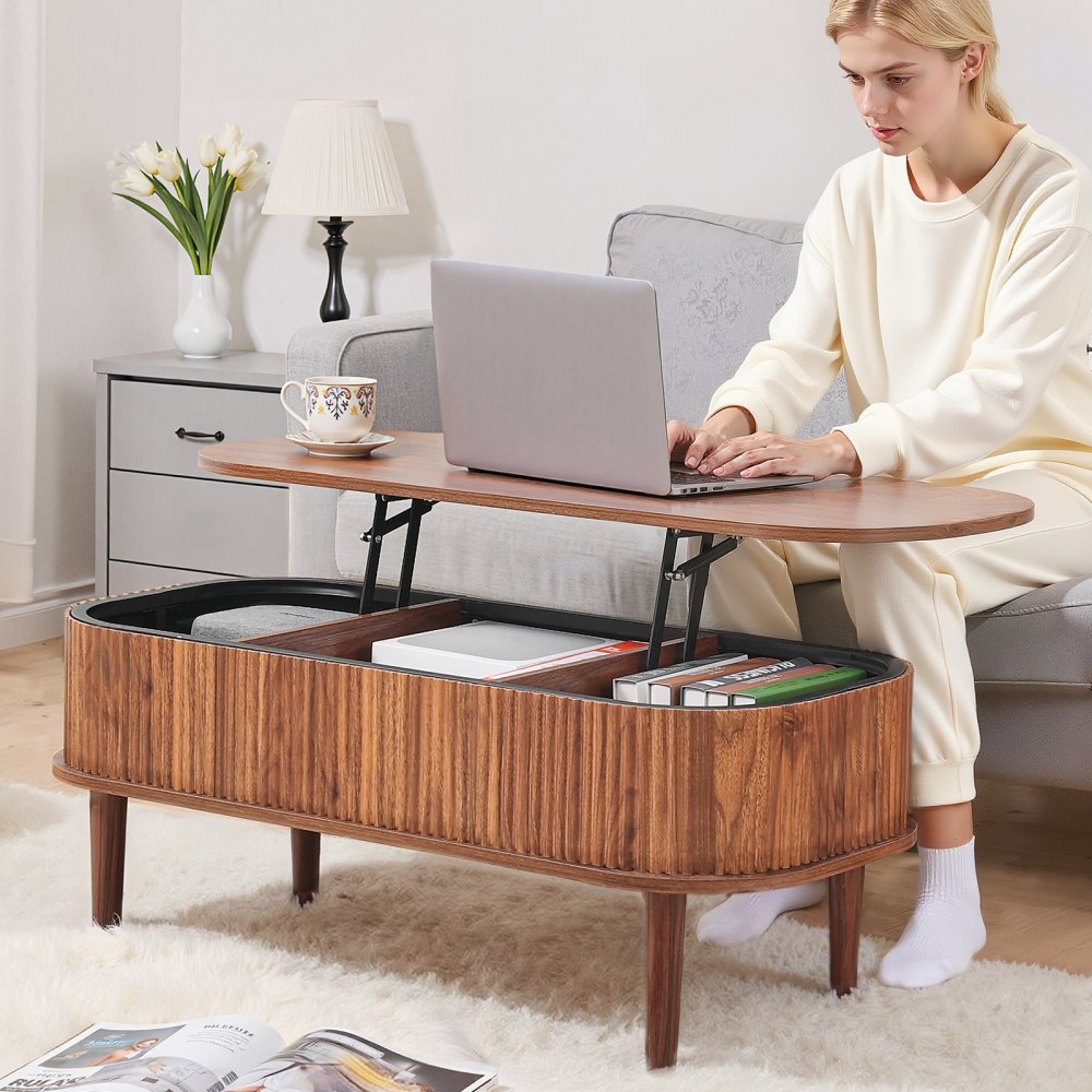 VEVOR 1000 mm Lift Top Coffee Table, Fluted Oval Coffee Table with 3 Hidden Compartment, Mid Century Wooden Oval Center Desk with Storage, Lift Up Tabletop for Home & Office, Easy Assembly, Walnut