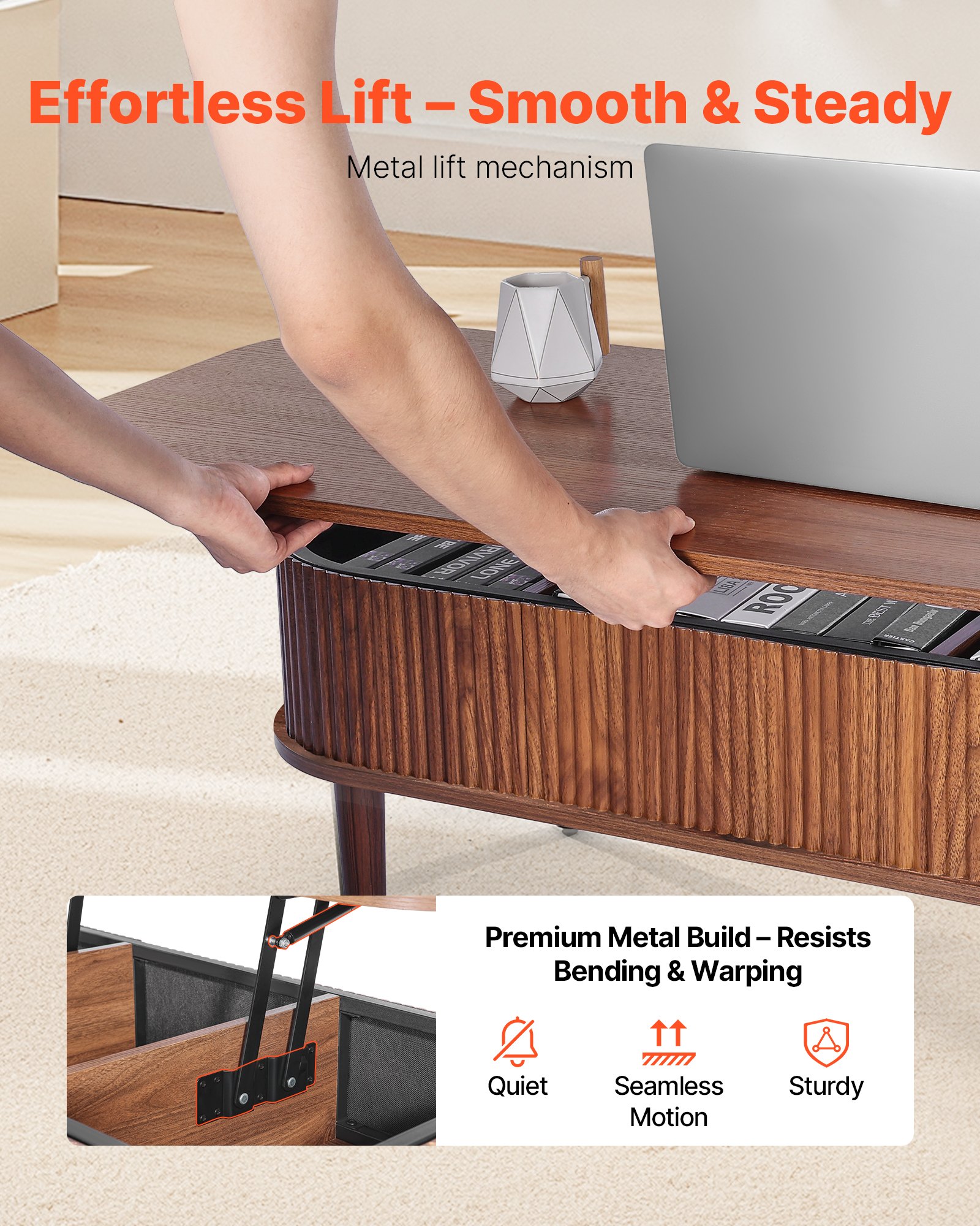 VEVOR 1000 mm Lift Top Coffee Table, Fluted Oval Coffee Table with 3 Hidden Compartment, Mid Century Wooden Oval Center Desk with Storage, Lift Up Tabletop for Home & Office, Easy Assembly, Walnut