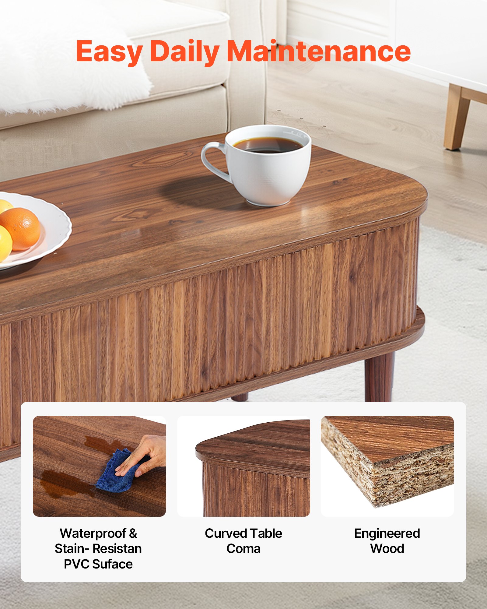 VEVOR 1000 mm Lift Top Coffee Table, Fluted Oval Coffee Table with 3 Hidden Compartment, Mid Century Wooden Oval Center Desk with Storage, Lift Up Tabletop for Home & Office, Easy Assembly, Walnut