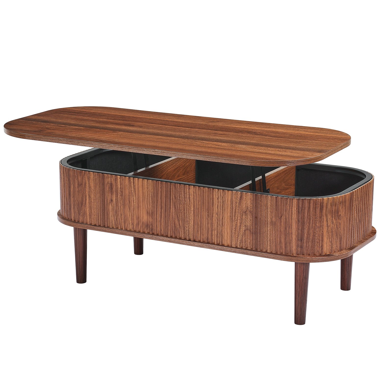 VEVOR 1000 mm Lift Top Coffee Table, Fluted Oval Coffee Table with 3 Hidden Compartment, Mid Century Wooden Oval Center Desk with Storage, Lift Up Tabletop for Home & Office, Easy Assembly, Walnut