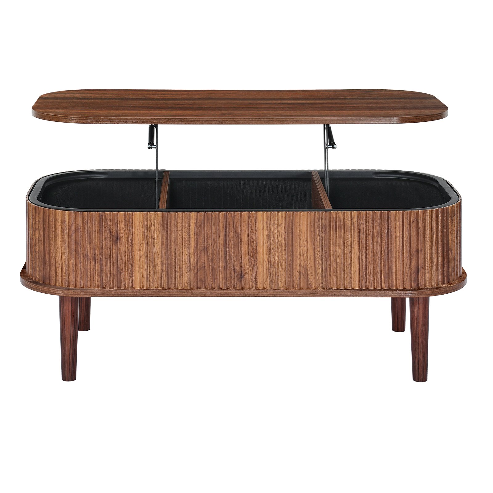 VEVOR 1000 mm Lift Top Coffee Table, Fluted Oval Coffee Table with 3 Hidden Compartment, Mid Century Wooden Oval Center Desk with Storage, Lift Up Tabletop for Home & Office, Easy Assembly, Walnut