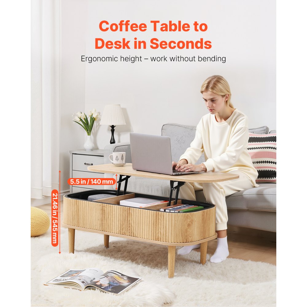 VEVOR 1000 mm Lift Top Coffee Table, Fluted Oval Coffee Table with 3 Hidden Compartment, Mid Century Wooden Oval Center Desk with Storage, Lift Up Tabletop for Home & Office, Easy Assembly, Burlywood