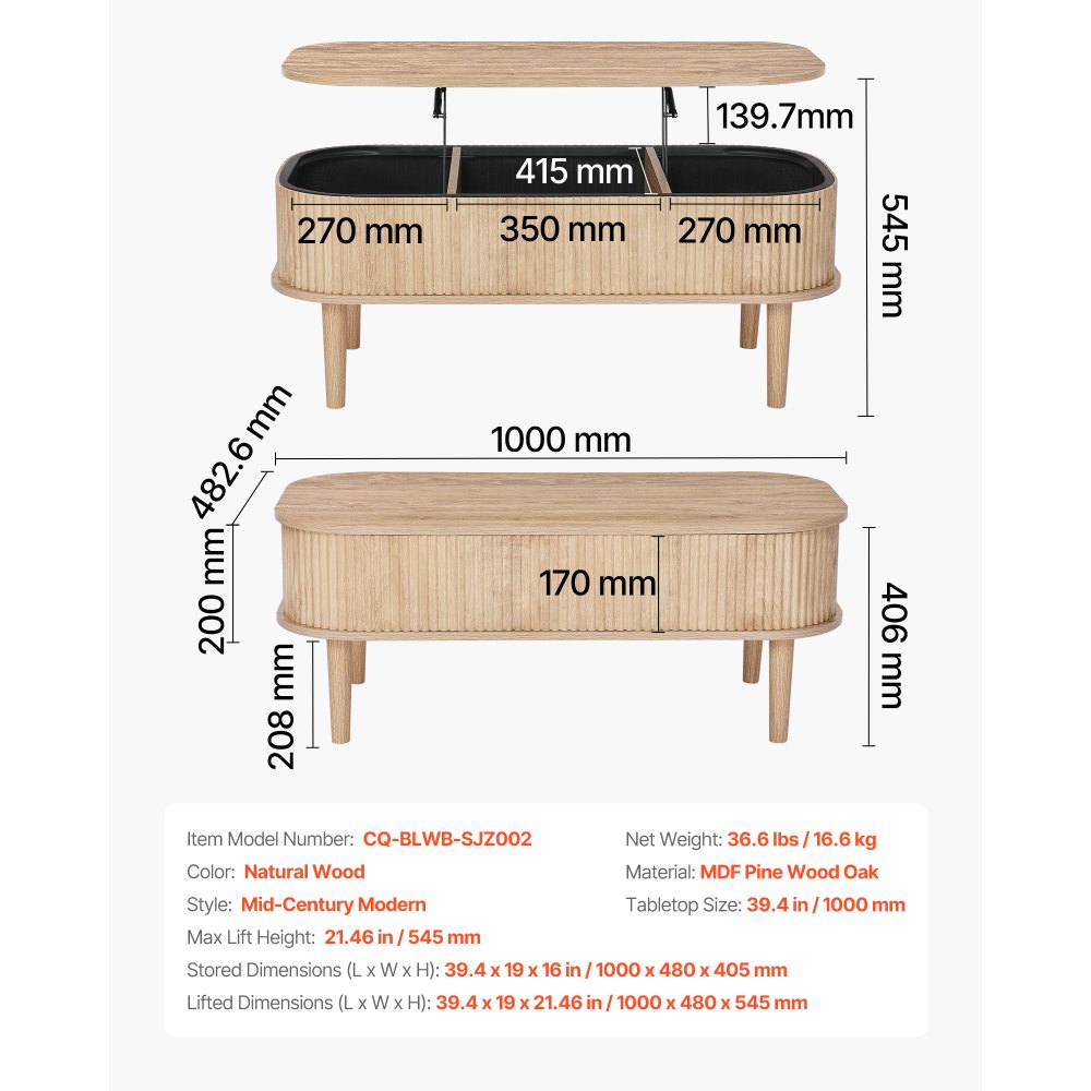VEVOR 1000 mm Lift Top Coffee Table, Fluted Oval Coffee Table with 3 Hidden Compartment, Mid Century Wooden Oval Center Desk with Storage, Lift Up Tabletop for Home & Office, Easy Assembly, Burlywood