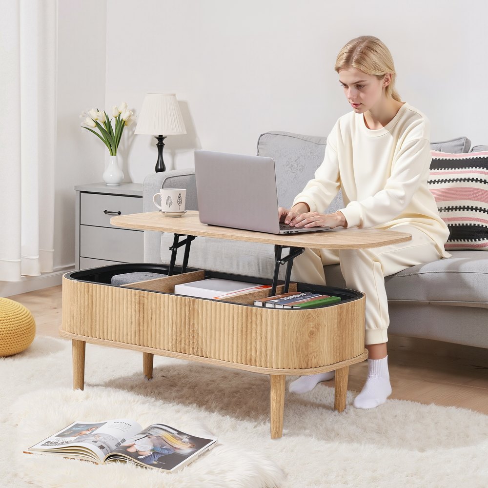 VEVOR 1000 mm Lift Top Coffee Table, Fluted Oval Coffee Table with 3 Hidden Compartment, Mid Century Wooden Oval Center Desk with Storage, Lift Up Tabletop for Home & Office, Easy Assembly, Burlywood