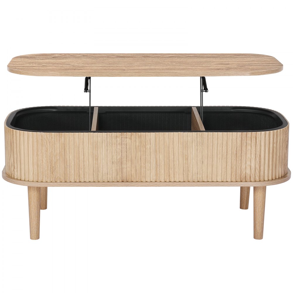 VEVOR 1000 mm Lift Top Coffee Table, Fluted Oval Coffee Table with 3 Hidden Compartment, Mid Century Wooden Oval Center Desk with Storage, Lift Up Tabletop for Home & Office, Easy Assembly, Burlywood