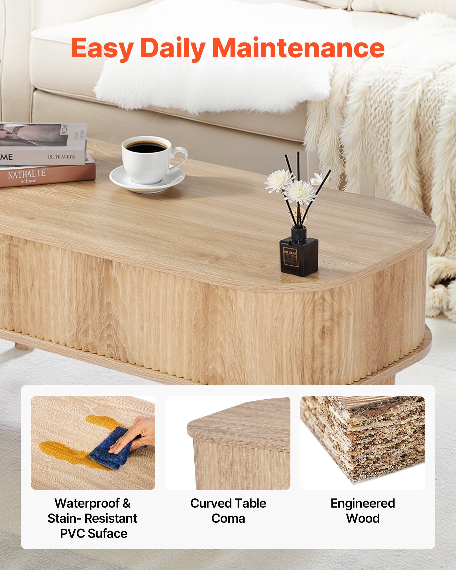 VEVOR 1000 mm Lift Top Coffee Table, Fluted Oval Coffee Table with 3 Hidden Compartment, Mid Century Wooden Oval Center Desk with Storage, Lift Up Tabletop for Home & Office, Easy Assembly, Burlywood