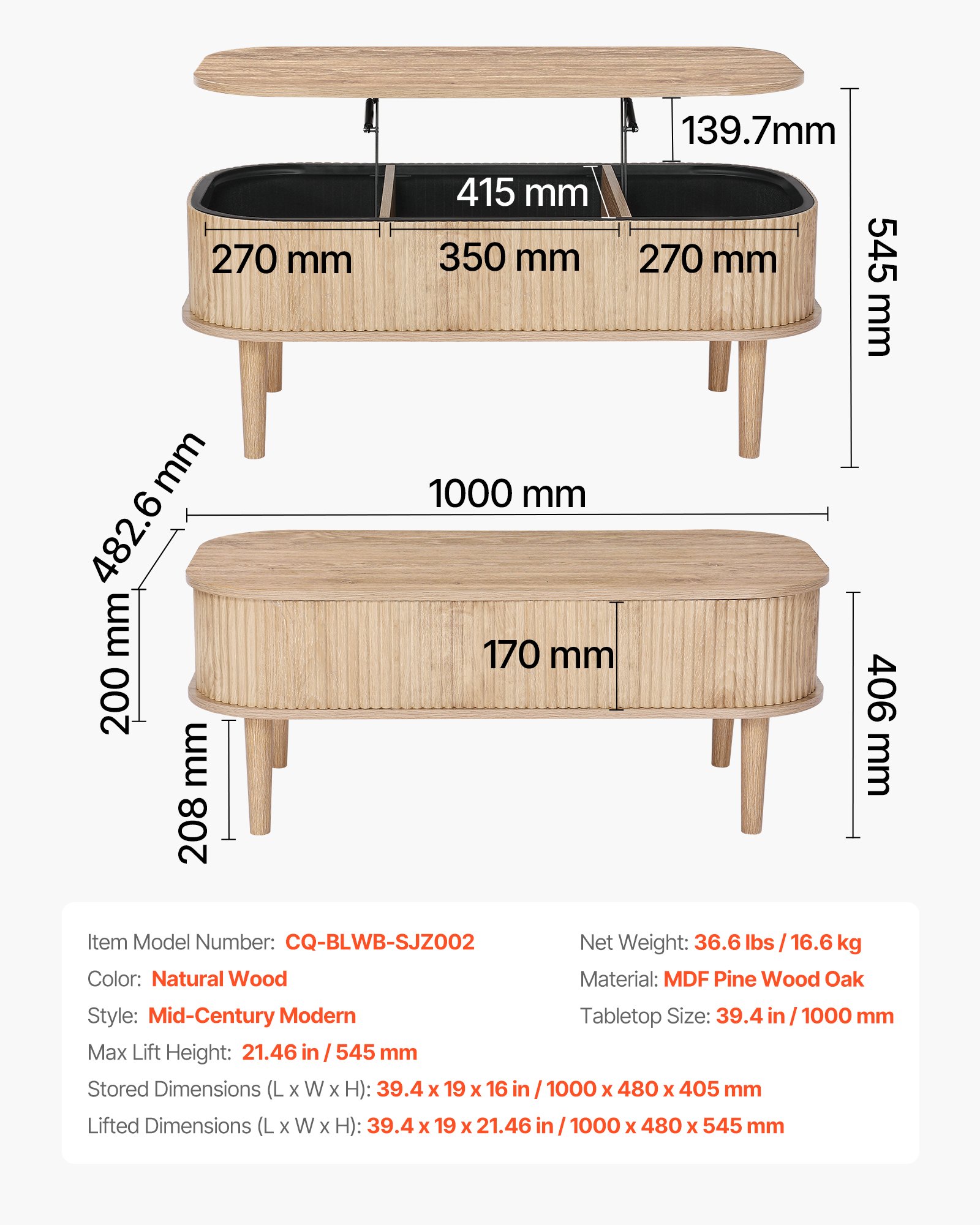 VEVOR 1000 mm Lift Top Coffee Table, Fluted Oval Coffee Table with 3 Hidden Compartment, Mid Century Wooden Oval Center Desk with Storage, Lift Up Tabletop for Home & Office, Easy Assembly, Burlywood