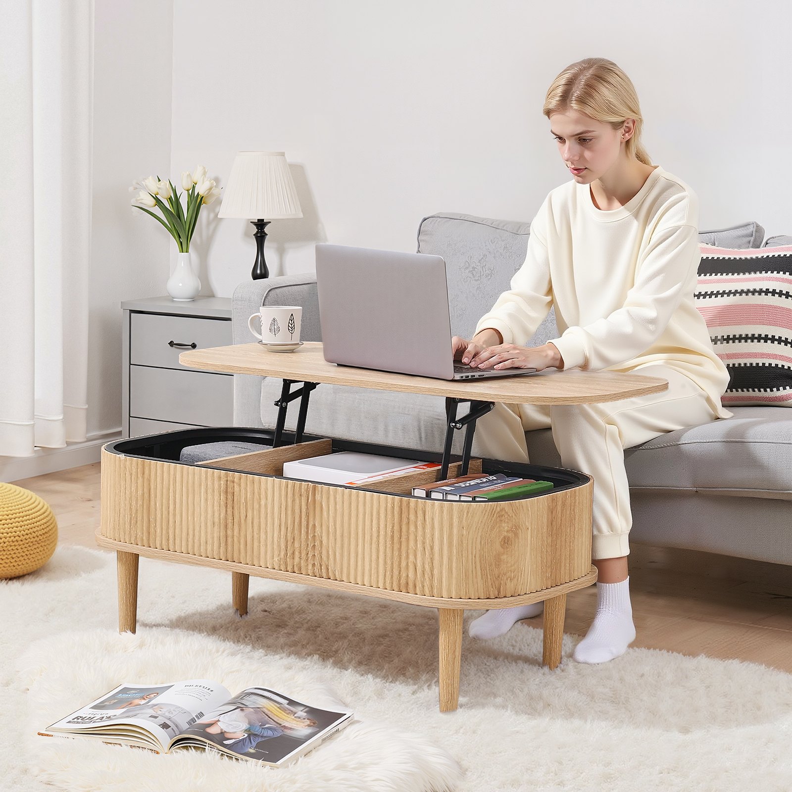 VEVOR 1000 mm Lift Top Coffee Table, Fluted Oval Coffee Table with 3 Hidden Compartment, Mid Century Wooden Oval Center Desk with Storage, Lift Up Tabletop for Home & Office, Easy Assembly, Burlywood
