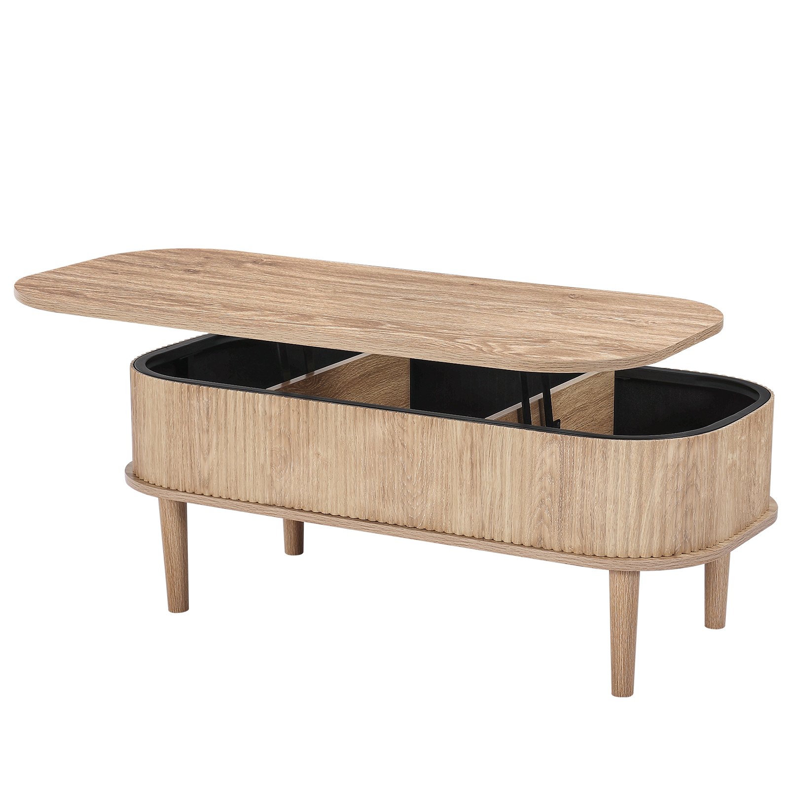 VEVOR 1000 mm Lift Top Coffee Table, Fluted Oval Coffee Table with 3 Hidden Compartment, Mid Century Wooden Oval Center Desk with Storage, Lift Up Tabletop for Home & Office, Easy Assembly, Burlywood