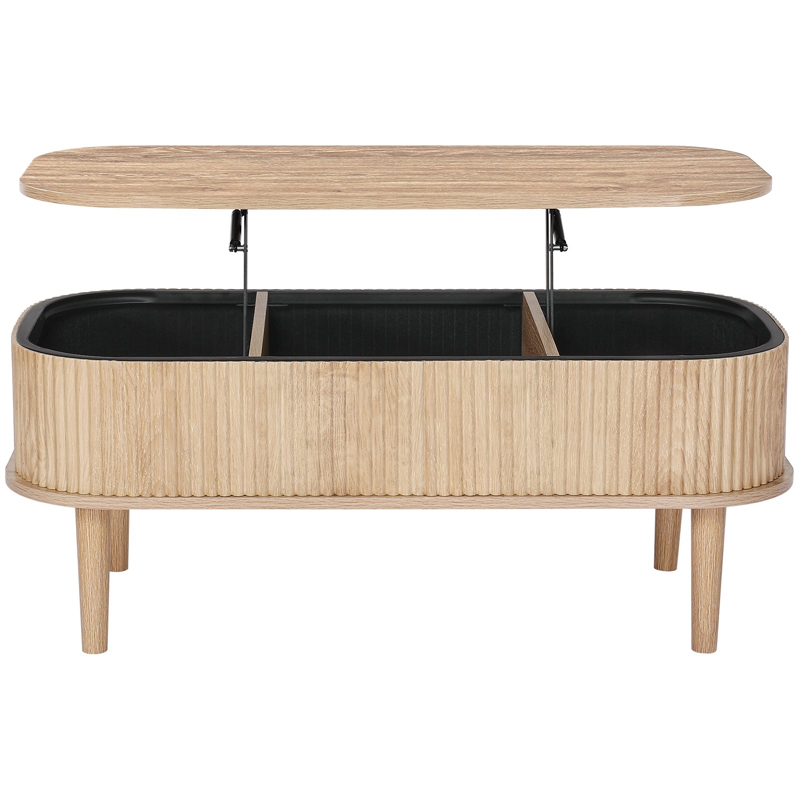 VEVOR 1000 mm Lift Top Coffee Table, Fluted Oval Coffee Table with 3 Hidden Compartment, Mid Century Wooden Oval Center Desk with Storage, Lift Up Tabletop for Home & Office, Easy Assembly, Burlywood